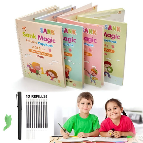 Sank Magic book Practice | Sank Magic Book for Montessori Children Tracing Handwriting First Pre-school Baby Learning Books for Kids (4 Books + Magic Pen with 10 Ink Refills)